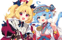  2girls :d ahoge ainu ainu_clothes aldin_nicola belt belt_buckle blonde_hair blue_eyes blue_hair brown_belt buckle center_frills commentary flower flower-shaped_pupils forehead_jewel frills gloves hair_flower hair_ornament highres holding_hands interlocked_fingers jacket kokoroni_nonno long_hair long_sleeves mamyouda multiple_girls open_clothes open_jacket pointing pointing_at_viewer red_eyes red_gloves red_jacket seventh_happiness shirt short_eyebrows simple_background smile symbol-shaped_pupils thick_eyebrows twintails virtual_youtuber white_background white_flower white_shirt wide_sleeves yellow_flower 