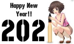  2021 :d absurdres acrux akiyama_yukari belt black_belt boots bra_strap breasts brown_eyes brown_hair brown_shorts camouflage camouflage_shirt commentary dated english_commentary english_text female girls_und_panzer happy_new_year highres incredibly_absurdres looking_at_viewer medium_breasts messy_hair new_year open_mouth pink_shirt shirt short_hair short_shorts shorts simple_background smile solo squatting tank_shell tank_top twitter_username white_background white_footwear 