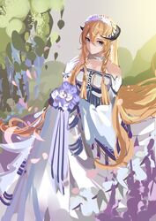  absurdly_long_hair absurdres arknights bare_shoulders blonde_hair blue_eyes commentary_request dress female gloves hair_between_eyes hair_spread_out hand_up highres horns long_hair long_sleeves looking_at_viewer off-shoulder_dress off_shoulder official_alternate_costume partial_commentary saileach_(appreciate_fragrance)_(arknights) saileach_(arknights) shen_jiu solo very_long_hair white_gloves wide_sleeves 