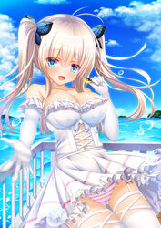  :d absurdres ahe_gao ahoge air_bubble antenna_hair black_bow blonde_hair blue_eyes blue_sky blush bow bow_hairband breasts bubble candy collar dress elbow_gloves female food gloves hairband highres large_breasts long_hair looking_at_viewer moe2021 ocean open_mouth original panties shitou_kazuaki sky smile solo striped_clothes striped_panties thighhighs twintails underwear white_dress 