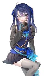  :d absurdres ahoge ascot belt black_gloves black_shirt black_skirt blue_ascot blue_belt blue_hair blue_ribbon blue_sash blue_vest blush braid card female french_braid genderswap_(mtf) gloves grey_thighhighs hair_between_eyes hair_ribbon harusaki_air harusaki_air_(4th_costume) headset highres holding holding_card long_hair long_sleeves looking_at_viewer loose_belt loveodoro miniskirt mole mole_under_eye nijisanji open_mouth parted_bangs pleated_skirt ribbed_shirt ribbon rule_63 sash shirt simple_background skirt smile solo thighhighs trading_card two_side_up vest virtual_youtuber white_background zettai_ryouiki 