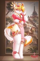  2:3 anthro blonde_hair clothed clothing crossdressing domestic_cat dress felid feline felis femboy gold_(metal) gold_jewelry hair hi_res jewelry legwear male mammal red_eyes shaded smile solo stockings talia_(tasticstarlight) tasticstarlight 