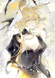  abstract_background animal_ears arknights black_gloves blonde_hair breasts cleavage commentary dorothy_(arknights) dorothy_(hand_of_destiny)_(arknights) female gloves headdress highres huang_huo_liaoyuan jewelry long_hair looking_at_viewer looking_up medium_breasts necklace official_alternate_costume parted_lips pearl_necklace rabbit_ears rabbit_girl solo upper_body veil yellow_background yellow_eyes 