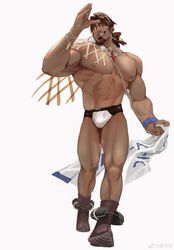  1boy abs absurdres alternate_costume bara bulge character_request facial_hair full_body grin highres huge_pectorals large_pectorals looking_at_viewer male_focus male_swimwear mature_male muscular muscular_male navel nipples o2h_(oblivionh) pectorals short_hair sideburns_stubble smile solo stomach stubble swim_briefs thick_eyebrows topless_male waving white_male_swimwear 