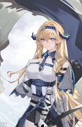  absurdres arknights blonde_hair blue_eyes blue_hairband blue_neckwear breasts commentary_request cowboy_shot female hair_between_eyes hairband hand_on_own_chest highres horns large_breasts long_hair looking_at_viewer nayuko_(wuyou_nayuko) partial_commentary pointy_ears saileach_(arknights) shirt smile solo standing very_long_hair white_shirt 