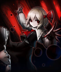  ascot black_nails blonde_hair blood blood_on_hands collared_shirt commentary darkness female fingernails frilled_shirt_collar frills hair_between_eyes hair_ribbon long_fingernails long_sleeves looking_at_viewer petticoat puffy_long_sleeves puffy_sleeves red_ascot red_eyes red_ribbon ribbon rumia sharp_fingernails shirt short_hair skirt skirt_set smile solo spark621 touhou white_shirt 