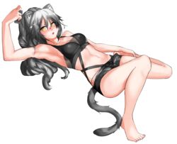  animal_ears arknights arm_up armpits bare_arms bare_legs bare_shoulders barefoot black_shorts blush breasts cat_ears cat_tail chinese_commentary cleavage commentary_request crop_top female grey_hair hair_between_eyes highres long_hair looking_at_viewer medium_breasts midriff navel neti_(cpu11151) nose_blush open_mouth ponytail schwarz_(arknights) short_shorts shorts simple_background sleeveless solo stomach tail thighs white_background yellow_eyes 