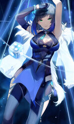  absurdres armpits arms_up bare_shoulders black_gloves black_hair blue_dress blue_hair blunt_bangs breasts cleavage cleavage_cutout clothing_cutout commentary cowboy_shot dice dress female genshin_impact gloves gradient_hair green_eyes highres hip_vent large_breasts looking_at_viewer medium_breasts multicolored_hair parted_lips pelvic_curtain short_hair single_glove sleeveless sleeveless_dress snozaki solo thighs yelan_(genshin_impact) 