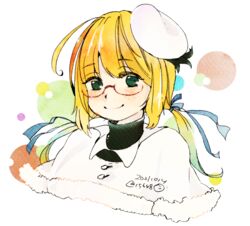  blonde_hair blue_eyes blue_ribbon blush closed_mouth commentary_request dated female glasses hair_ribbon hat highres i-8_(kancolle) ichigo6480 kantai_collection low_twintails medium_hair peaked_cap red-framed_eyewear ribbon semi-rimless_eyewear shirt smile solo twintails twitter_username upper_body white_background white_hat white_shirt 