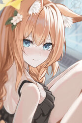  absurdres animal_ear_fluff animal_ears artist_name back bare_shoulders black_one-piece_swimsuit blue_archive blue_eyes casual_one-piece_swimsuit closed_mouth commentary_request female fox_ears fox_girl frilled_one-piece_swimsuit frills from_above from_behind halo highres korean_commentary legs light_blush long_hair looking_at_viewer mari_(blue_archive) mari_(swimsuit)_(blue_archive) naga_(naga83972211) official_alternate_costume one-piece_swimsuit orange_hair sitting smile solo swimsuit thighs yellow_halo 