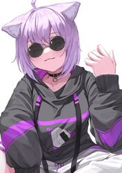  :3 absurdres ahoge animal_collar animal_ear_fluff animal_ears black_collar black_sweater blush cat_ears cat_girl collar commentary female grey_background highres hololive hood hood_down hooded_sweater kanoe_(tatsukanoe) long_sleeves looking_at_viewer nekomata_okayu nekomata_okayu_(1st_costume) onigiri_print pants print_sweater purple_eyes purple_hair purple_sweater short_hair simple_background solo sunglasses sweater two-tone_sweater virtual_youtuber white_pants 