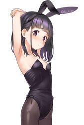  animal_ears armpits arms_behind_head arms_up bare_shoulders black_hair black_leotard blush breasts covered_navel detached_collar fake_animal_ears female hatakenaka_(kamagabuchi) highleg highleg_leotard highres leotard looking_at_viewer original pantyhose playboy_bunny purple_eyes rabbit_ears short_hair small_breasts solo thighs 