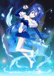  2020 barefoot blue_hair blue_nails blue_skirt blue_sleeves breasts cleavage collarbone dated detached_sleeves female floating_hair full_body hair_between_eyes happy_birthday highres kazanari_tsubasa layered_skirt long_hair long_sleeves looking_at_viewer microskirt midriff miona_yui nail_polish navel parted_lips ponytail purple_eyes senki_zesshou_symphogear skirt small_breasts smile solo stomach strapless very_long_hair 