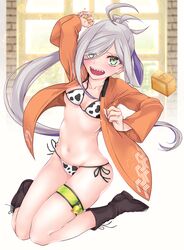  ahoge animal_print asashimo_(kancolle) beans bell bikini black_footwear boots box breasts cow_print cow_print_bikini cross-laced_footwear female full_body green_eyes grey_hair hair_over_one_eye happi highres japanese_clothes kantai_collection lace-up_boots long_hair marie_(bethlehem) masu ponytail print_bikini sharp_teeth side-tie_bikini_bottom sitting small_breasts solo swimsuit teeth thigh_strap throwing wariza white_bikini window 