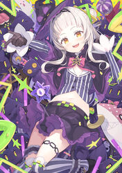  :d black_capelet black_footwear black_gloves black_hat black_shirt black_skirt bow brown_eyes capelet commentary_request crop_top crown female ghost gloves grey_hair hair_bun hand_up hat head_tilt highres hololive long_hair long_sleeves looking_at_viewer midriff mini_crown murasaki_shion murasaki_shion_(1st_costume) navel outstretched_arm over-kneehighs pink_bow shiokko_(murasaki_shion) shirt shoes single_hair_bun single_side_bun skirt smile solo spring_onion star_(symbol) striped_clothes striped_shirt striped_thighhighs stuffed_animal stuffed_fox stuffed_toy tam-u thighhighs tilted_headwear vertical-striped_clothes vertical-striped_shirt vertical-striped_thighhighs virtual_youtuber witch_hat 