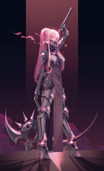  absurdres alternate_costume armor armored_boots black_theme bodysuit boots breasts commentary commission female full_body high_heels highres holding holding_scythe holding_weapon hololive hololive_english long_hair looking_at_viewer mask medium_breasts mori_calliope mouth_mask pelvic_curtain pink_eyes pink_hair pink_theme ponytail scythe shoulder_armor skeb_commission smoke solo standing thigh_boots thighhighs tsuki-shigure virtual_youtuber weapon 