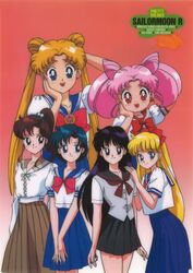  1990s_(style) 6+girls :p aino_minako arm_behind_head arm_up bishoujo_senshi_sailor_moon bishoujo_senshi_sailor_moon_r black_eyes black_hair black_skirt blonde_hair blue_eyes blue_hair blue_skirt bow brown_hair brown_skirt chibi_usa crystal_star_(sailor_moon) double_bun gradient hair_bobbles hair_bun hair_ornament hairbow hand_on_another&#039;s_shoulder hand_on_own_cheek hand_on_own_face high_ponytail hino_rei juuban_elementary_school_uniform juuban_middle_school_uniform kino_makoto kino_makoto&#039;s_school_uniform long_hair long_skirt looking_at_viewer medium_skirt mizuno_ami multiple_girls non-web_source official_art pink_hair pleated_skirt red_eyes retro_artstyle school_uniform shiba_koen_middle_school_uniform short_hair short_sleeves skirt smile ta_girls_school_uniform tadano_kazuko tongue tongue_out tsukino_usagi twintails v_arms 