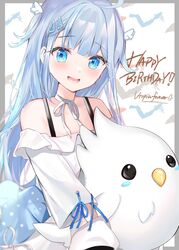  ahoge amatsuka_uto animal aqua_hair bird blue_eyes blue_hair blue_ribbon blush border choker dress female grey_border hair_ornament hairclip happy_birthday highres holding holding_animal holding_bird indie_virtual_youtuber light_blue_hair looking_at_viewer multicolored_hair nana_kagura off-shoulder_dress off_shoulder open_mouth ribbon ribbon_choker shoulder_strap tenshimp two-tone_hair two_side_up virtual_youtuber white_dress white_ribbon wing_hair_ornament 