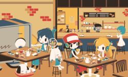  2boys 3girls :&gt; android balrog_(doukutsu_monogatari) black_hair blonde_hair cafe canine cobalta coffee_mug colored_skin crop_top cup curly_brace disposable_coffee_cup disposable_cup doughnut doukutsu_monogatari food hat highres holding holding_cup indoors long_hair looking_at_another malco misery_(doukutsu_monogatari) mug multiple_boys multiple_girls open_mouth parted_lips plate quote_(doukutsu_monogatari) red_headwear red_tank_top robot sakamoto_kazuma sakamoto_sue short_hair smile table tank_top teapot white_skin 