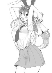  :d animal_ears arms_up blush buttons carrot_pin collared_shirt commentary_request female fingernails greyscale gun highres holding holding_gun holding_weapon koyama_shigeru long_hair looking_at_viewer lunatic_gun monochrome oerba_yun_fang open_mouth pleated_skirt rabbit_ears rabbit_tail reisen_udongein_inaba shirt short_sleeves skirt smile solo tail tie_clip touhou weapon white_background wing_collar 