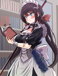  absurdres azur_lane black_hair blue_eyes blush book bookshelf breasts cleavage commentary_request female glasgow_(azur_lane) hey_taisyou highres long_hair maid maid_headdress reading smile solo twintails 