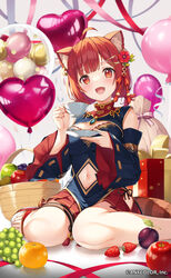  :d animal_ear_fluff animal_ears apple balloon basket breasts chinese_clothes cleavage cleavage_cutout clothing_cutout copyright_notice cowlick cup detached_sleeves earrings female flower food fruit fruit_basket grapes hair_flower hair_ornament head_tilt heart_balloon highres holding holding_cup holding_saucer jewelry looking_at_viewer nail_polish navel navel_cutout nijisanji oerba_yun_fang official_art orange_(fruit) plum ratna_petit ratna_petit_(2nd_costume) red_flower red_skirt ribbon saucer sitting skirt smile solo strawberry teacup toenails virtual_youtuber wariza yuuri_nayuta 