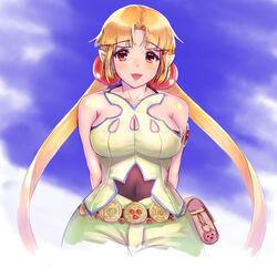  alfina_(grandia) bare_shoulders blonde_hair breasts cleavage collarbone covered_navel female grandia grandia_iii hagureyouma hair_ornament highres long_hair open_mouth pointy_ears red_eyes smile solo twintails 