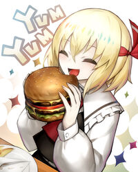  :d ^_^ ascot blonde_hair burger closed_eyes collared_shirt commentary eating english_text female food food_bite french_fries frilled_shirt_collar frills hair_between_eyes hair_ribbon highres long_sleeves plate puffy_long_sleeves puffy_sleeves red_ascot red_ribbon ribbon rumia shirt short_hair skirt skirt_set smile solo spark621 sparkle touhou upper_body white_shirt 