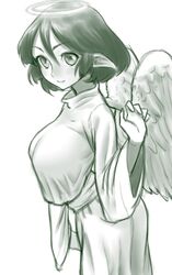  angel angel_wings breasts closed_mouth feathered_wings female from_side gishu green_theme hair_between_eyes halo hand_up highres large_breasts long_sleeves looking_at_viewer looking_to_the_side medium_hair monochrome pointy_ears shirt skirt smile solo standing tsugunael wide_sleeves wings yuuutsu-kun_to_succubus-san 