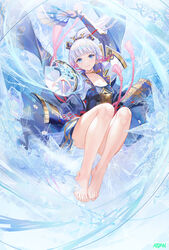  arm_up armor artist_name atdan bangs bare_legs barefoot blue_eyes blue_hair blue_jacket blue_skirt blunt_bangs breastplate choker closed_mouth eyebrows_visible_through_hair feet female floating_hair folding_fan full_body genshin_impact gloves hair_ornament hair_ribbon hand_fan highres holding holding_fan jacket kamisato_ayaka long_hair looking_at_viewer mole mole_under_eye neck_tassel outstretched_arm partially_fingerless_gloves pink_ribbon ponytail ribbon sidelocks skirt smile snowflake_print snowflakes solo tassel toes yellow_choker 