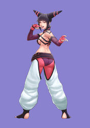  absurdres ass baggy_pants belt black_hair breasts cirenk come_hither commentary commission cone_hair_bun double_bun english_commentary female finger_to_tongue fingerless_gloves from_behind full_body gloves hair_bun highres juri_han looking_at_viewer looking_back pants purple_background sideboob simple_background solo standing street_fighter street_fighter_iv_(series) toeless_legwear 