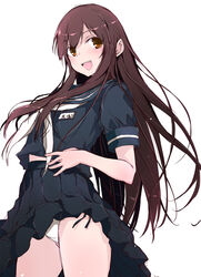  akagi_(kancolle) bad_id bad_twitter_id black_sailor_collar black_serafuku black_skirt brown_eyes brown_hair clothes_lift commentary_request cowboy_shot female kantai_collection long_hair name_tag neckerchief official_alternate_costume panties pleated_skirt sailor_collar school_uniform serafuku simple_background skirt skirt_lift solo straight_hair underwear white_background white_neckerchief white_panties yumesato_makura 