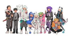  4boys 5girls ^_^ absurdres agya ahoge amatsuka_uto animal_ear_headphones animal_ears black_dress black_gloves black_hair black_jacket black_nails black_necktie black_pants black_sweater blue_dress blue_hair bow braid cat_ear_headphones closed_eyes commentary_request detached_sleeves double_bun double_v dress eden_(vtuber) facial_hair fake_animal_ears fingerless_gloves formal gamewith ghost gloves green_hair hair_bun hairbow head_wings headphones highres hood hooded_jacket indie_virtual_youtuber jacket kneehighs lanyard long_hair morinaka_kazaki multiple_boys multiple_girls necktie nijisanji nijisanji_en orange_jacket original pants pink_sweater purple_hair purple_pants red_gloves reignite restya rpr scarz selen_tatsuki selen_tatsuki_(1st_costume) shiromanta_(character) sitting smile socks squatting stubble suit sweater tail tempplex thighhighs trulysquid twin_braids twintails v v-shaped_eyebrows very_long_hair virtual_youtuber white_dress white_footwear white_gloves white_hair white_jacket wings yuuki_chihiro 