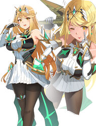  ;p absurdres aegis_sword_(xenoblade) armpits back-seamed_legwear bare_shoulders black_pantyhose blonde_hair blush breasts chest_jewel dangle_earrings dress earrings elbow_gloves female gloves hand_on_own_hip highres jewelry large_breasts long_hair microdress miniskirt multiple_views mythra_(massive_melee)_(xenoblade) mythra_(xenoblade) neon_trim one_eye_closed ormille pantyhose pleated_dress seamed_legwear short_dress skirt sleeveless sleeveless_dress super_smash_bros. swept_bangs thigh_strap tiara tongue tongue_out tsundere very_long_hair white_dress white_gloves white_skirt xenoblade_chronicles_(series) xenoblade_chronicles_2 yellow_eyes 