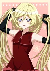  black_gloves blonde_hair blue_eyes carol_malus_dienheim collarbone dress elbow_gloves female gloves hair_between_eyes holding holding_own_hair long_hair looking_at_viewer miona_yui mole mole_under_eye multicolored_eyes open_mouth pink_background red_dress senki_zesshou_symphogear sleeveless sleeveless_dress solo standing v-shaped_eyebrows very_long_hair 