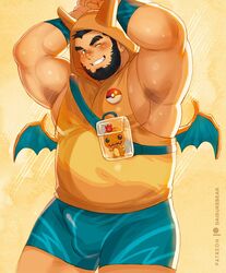  1boy armpit_hair armpits bad_id bad_twitter_id bara beard belly blush bulge charizard charmander daisukebear facial_hair feet_out_of_frame hood hood_up large_pectorals looking_at_viewer male_focus mature_male merchandise muscular muscular_male one_eye_closed original pectorals plump pokemon sanpaku short_hair short_shorts shorts smile solo sweat thick_eyebrows thick_thighs thighs 