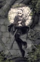  2b_(nier:automata) artist_name black_blindfold black_dress black_hairband blindfold boots breasts cleavage cleavage_cutout clothing_cutout covered_eyes dress female full_body hairband high_heel_boots high_heels highres katana medium_breasts mole mole_under_mouth nier:automata nier_(series) puffy_sleeves sangcoon sheath signature solo sword thigh_boots thighhighs thighhighs_under_boots tree weapon white_hair 