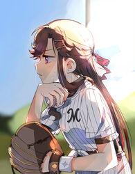  absurdres backlighting ball baseball baseball_jersey baseball_mitt baseball_uniform belt black_shirt blue_sky blurry blurry_background bow brown_hair buttons chiba_lotte_marines day female from_side fud hair_ornament hairbow half_updo hand_on_own_chin hand_up highres holding holding_ball jersey leaning_forward light_blush long_hair looking_away nippon_professional_baseball outdoors pants parted_lips pink_belt pink_bow playing_sports profile purple_eyes shirt short_sleeves shoujo_kageki_revue_starlight sidelocks sky solo sportswear standing sweat sweatband tendou_maya tied_shirt undershirt upper_body v-shaped_eyebrows white_pants white_shirt wristband x_hair_ornament 