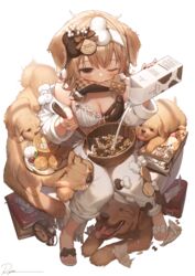  animal_ears artist_name blush breasts brown_eyes cleavage commentary dog_ears female highres holding_carton large_breasts light_brown_hair looking_at_viewer md5_mismatch milk_carton mouth_hold one_eye_closed original pants ryota_(ry_o_ta) sandals short_hair signature simple_background solo spoon symbol-only_commentary white_background white_pants wooden_spoon 