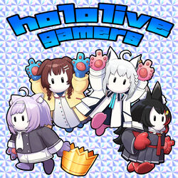  4girls ahoge animal_ears bikkuriman bikkuriman_(style) black_hair black_shirt black_skirt braid colored_skin commentary crown dog_ears dress fall_guy fall_guys fox_ears fusion grey_shirt hair_ornament hairband hairclip hands_up highres holding holding_crown hololive hololive_gamers inugami_korone inugami_korone_(1st_costume) iridescent jacket jumping long_sleeves looking_at_viewer mikan_(chipstar182) multicolored_hair multiple_girls necktie nekomata_okayu nekomata_okayu_(casual) official_alternate_costume ookami_mio ookami_mio_(1st_costume) open_clothes open_jacket pleated_skirt purple_hair red_necktie sailor_collar school_uniform serafuku shirakami_fubuki shirakami_fubuki_(fubukitek) shirt shorts skirt streaked_hair twin_braids virtual_youtuber white_dress white_hair white_hairband white_sailor_collar white_shorts white_skin wolf_ears yellow_jacket |_| 