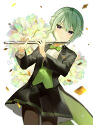  black_jacket black_pantyhose black_skirt bow bowtie braid buttons commentary confetti cowboy_shot female flower flute green_bow green_bowtie green_hair green_theme green_vest highres holding holding_instrument instrument jacket kusanagi_nene long_sleeves looking_to_the_side pantyhose pleated_skirt project_sekai purple_eyes sekai_symphony shirt sidelocks skirt solo transverse_flute tuxedo vest white_flower white_shirt wonderlands_x_showtime_(project_sekai) yuhi_(hssh_6) 