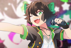  +_+ 1boy animal_ears black_gloves blurry blurry_background cat_boy cat_ears fingerless_gloves gloves green_eyes hair_between_eyes holding holding_microphone idol idol_clothes jewelry luo_xiaohei luo_xiaohei_(human) luo_xiaohei_zhanji male_focus microphone necklace one_eye_closed open_mouth ryoto_328 shadow short_sleeves smile solo twitter_username upper_body 