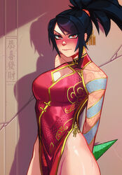  against_wall akali arm_tattoo arms_behind_back bare_legs black_hair blush breasts china_dress chinese_clothes cleavage cleavage_cutout clothing_cutout commentary dragon_tattoo dress embarrassed english_commentary eyeliner eyeshadow female hair_ornament hidden_weapon highleg highleg_dress highres holding holding_weapon kunai large_breasts league_of_legends long_hair looking_at_viewer makeup nervous_sweating nose_blush pelvic_curtain ponytail qtori red_dress red_eyes redesign scar scar_on_leg shoulder_tattoo solo stone_wall sweat swept_bangs tattoo thick_thighs thighs wall weapon 