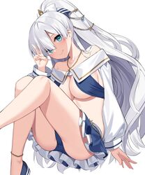  absurdres anastasia_(fate) anastasia_(swimsuit_archer)_(fate) anastasia_(swimsuit_archer)_(third_ascension)_(fate) ass bare_shoulders bikini blue_bikini blue_eyes blue_footwear blue_skirt breasts cleavage fate/grand_order fate_(series) female frilled_skirt frills hand_up highres jewelry knees_up long_hair long_sleeves looking_at_viewer medium_breasts midriff miniskirt necklace off_shoulder ponytail shoes skirt smile solo suiroh_(shideoukami) swimsuit thighs v very_long_hair white_hair 