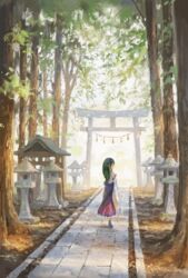  blue_skirt commentary female fjsmu frog_hair_ornament from_behind gohei green_hair hair_ornament highres impressionism japanese_clothes kochiya_sanae looking_back miko moriya_shrine outdoors rope shimenawa shirt skirt solo torii touhou tree white_shirt 