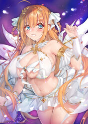  ahoge bare_shoulders blue_eyes blush braid braided_hair_rings breasts clenched_teeth collarbone commentary_request cosplay cowboy_shot cross empty_eyes female hair_rings hand_up highres large_breasts long_hair looking_at_viewer navel obiwan open_mouth orange_hair pecorine_(princess_connect!) princess_connect! solo teeth thighs yui_(ceremonial)_(princess_connect!) yui_(princess_connect!) yui_(princess_connect!)_(cosplay) 