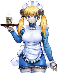  :&gt; android apron back_bow blonde_hair bow breasts byte_(grunty-hag1) choker closed_mouth cup dress female frilled_choker frills holding holding_tray joints juliet_sleeves lil_miss_marshmallow long_hair long_sleeves looking_at_viewer maid maid_headdress mother_(game) mother_3 puffy_sleeves purple_eyes robot_joints simple_background skindentation smile solo taut_clothes thighhighs tray white_background white_thighhighs yunomi 