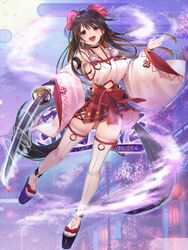  belt_bow black_hair breasts character_request cherry_blossoms clogs creativerpg cross-laced_clothes cross-laced_skirt cross-laced_slit cutout_above_navel female gakuon_(gakuto) headband holding holding_weapon japanese_clothes katana kimono long_hair looking_at_viewer miko miniskirt official_art open_mouth side_slit skirt sword thighs weapon 