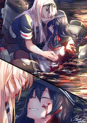  2girls akatsuki_(kancolle) artist_name black_headwear black_pantyhose black_ribbon black_sailor_collar black_serafuku black_skirt blonde_hair blood blood_on_clothes blood_on_face closed_eyes crying flat_cap hair_between_eyes hair_ribbon hat highres kantai_collection long_hair machinery multiple_girls neckerchief pantyhose pin.s pleated_skirt purple_hair red_neckerchief ribbon rigging sailor_collar school_uniform serafuku short_sleeves signature skirt smokestack torn_clothes torn_legwear yuudachi_(kancolle) 