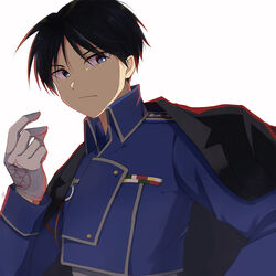  1boy absurdres aiguillette alternate_eye_color amestris_military_uniform arm_at_side black_coat black_hair blue_jacket buttons closed_mouth coat coat_on_shoulders collared_jacket commentary_request double-breasted expressionless facing_viewer fingers_together fullmetal_alchemist gloves grey_eyes hair_strand hand_on_own_hip hand_up highres jacket looking_to_the_side magic_circle male_focus military_jacket open_clothes open_coat roy_mustang sasayumi_tsubaki sidelighting sideways_glance simple_background spiked_hair tsurime uniform upper_body white_background white_gloves 